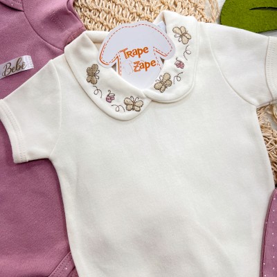 Conj. de Malha 3 peças- Gola Bordada com Borboletas - Off White e Uva